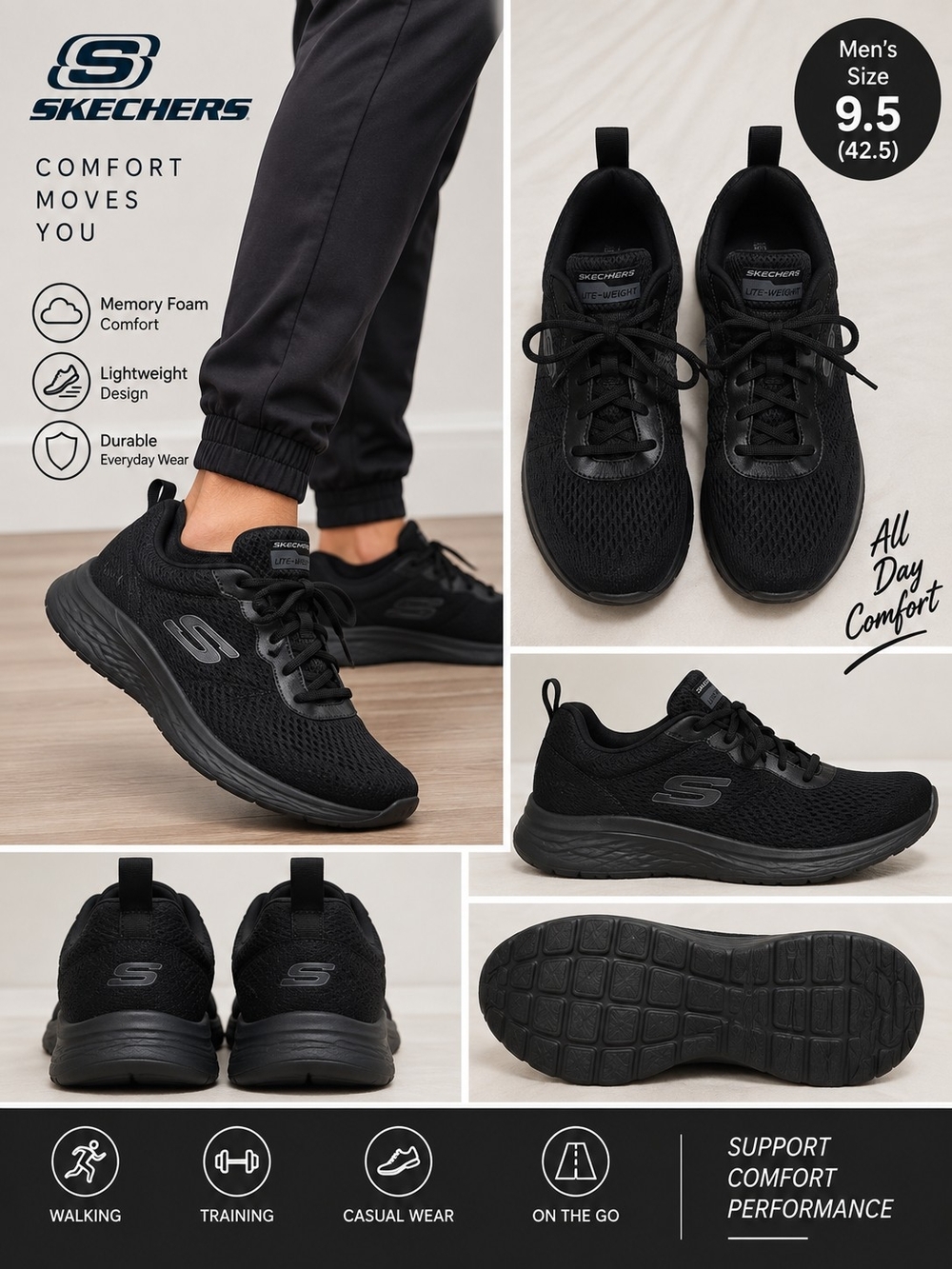 Sketchers mens size 9.5 wide fit memory foam athletic black tennis shoes #33